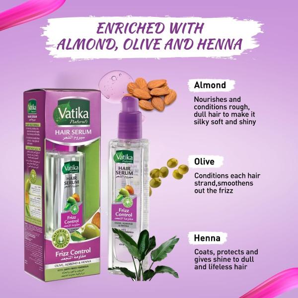 Vatika Naturals Frizz Control Hair Serum (47mL) | Natural Extract of Olive, Almond and Henna | Anti-Frizz Formula | For Dry and Damaged Hair