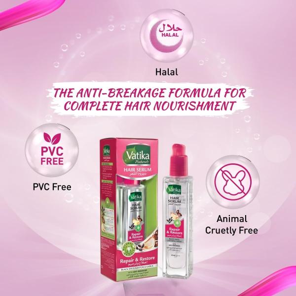 Vatika Naturals Repair and Restore Hair Serum (47mL) | Natural Extract of Black Seed, Castor and Garlic | Promotes Anti-Breakage | For All Hair Types