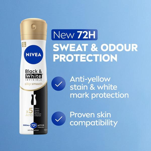 NIVEA Antiperspirant Spray for Women, 72h Protection, Black & White Invisible Silky Smooth Shaving, 150ml