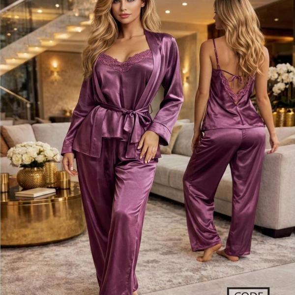 بيجامة جني موود ستان 3 قطع روب قصير + توب دانتيل